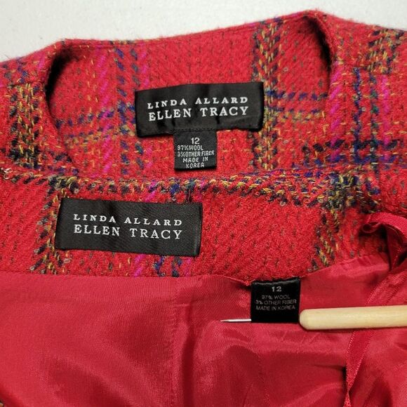 Ellen Tracy Red Plaid Blazer Double Breasted Gold Buttons Skirt Suit Set Tweed - Picture 12 of 16